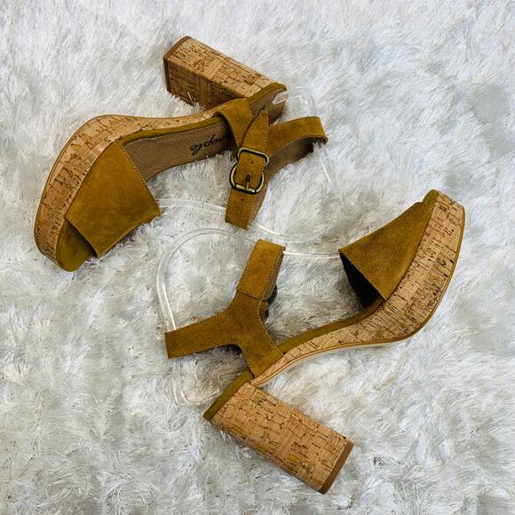 Free People Brook Suede Platform Heels Cork Sole Mustard Gold Camel Sz 40 - Picture 7 of 12